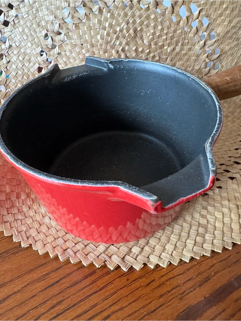 Vintage Le Creuset Castoflon Enameled Cast Iron Saucepan #16 Red Pour Spouts